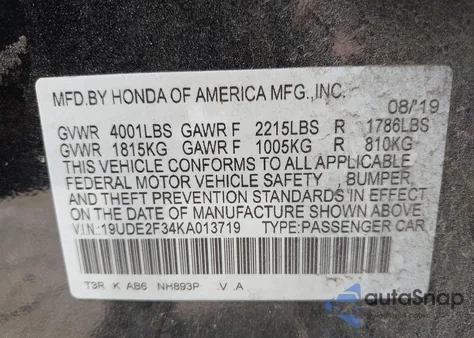 2019 Acura Ilx Standard из США, поврежденный, VIN 19UDE2F34KA013719